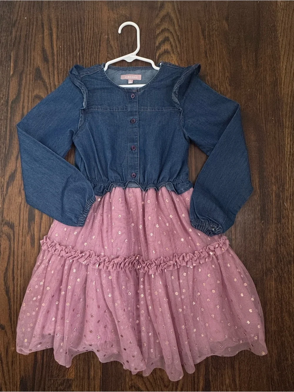 Girls' Navy Denim & Pink Sparkle Tiered Dress